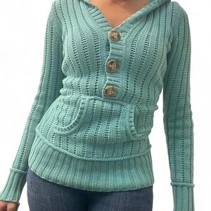 Eddie Bauer Teal V-Neck Hooded Sweater